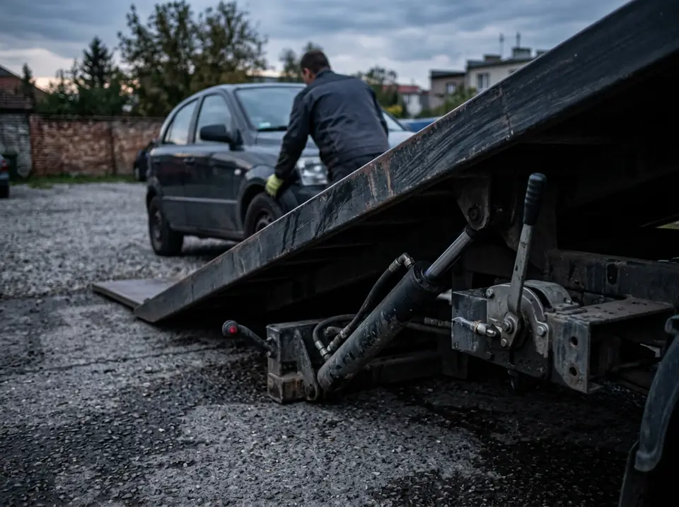 Trélerre billentett szállítóplató leeresztett rámpával, előtérben a hidraulika munkahengere, alkonyi fényben